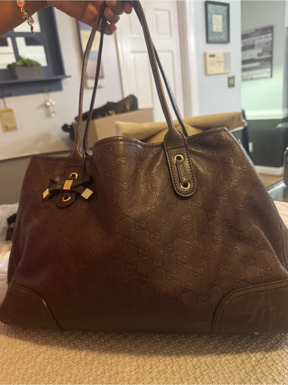 Gucci Dark Brown Embossed Leather Satchel with Gold Hardware